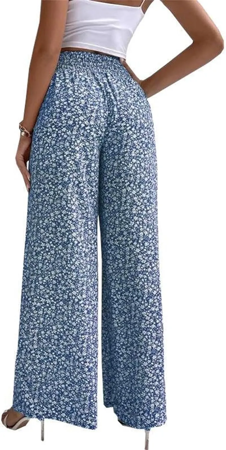 Womens Boho Floral Pants High Waist Palazzo Trousers Lightweight Comfy Loose Fit Wide Leg Lounge Long Pants