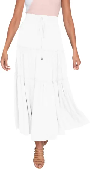 Womens Boho Pleated Ruched Ruffle Drawstring High Rise Maxi Skirt Skirts for Women Trendy High Waist Robe Flowy Dress