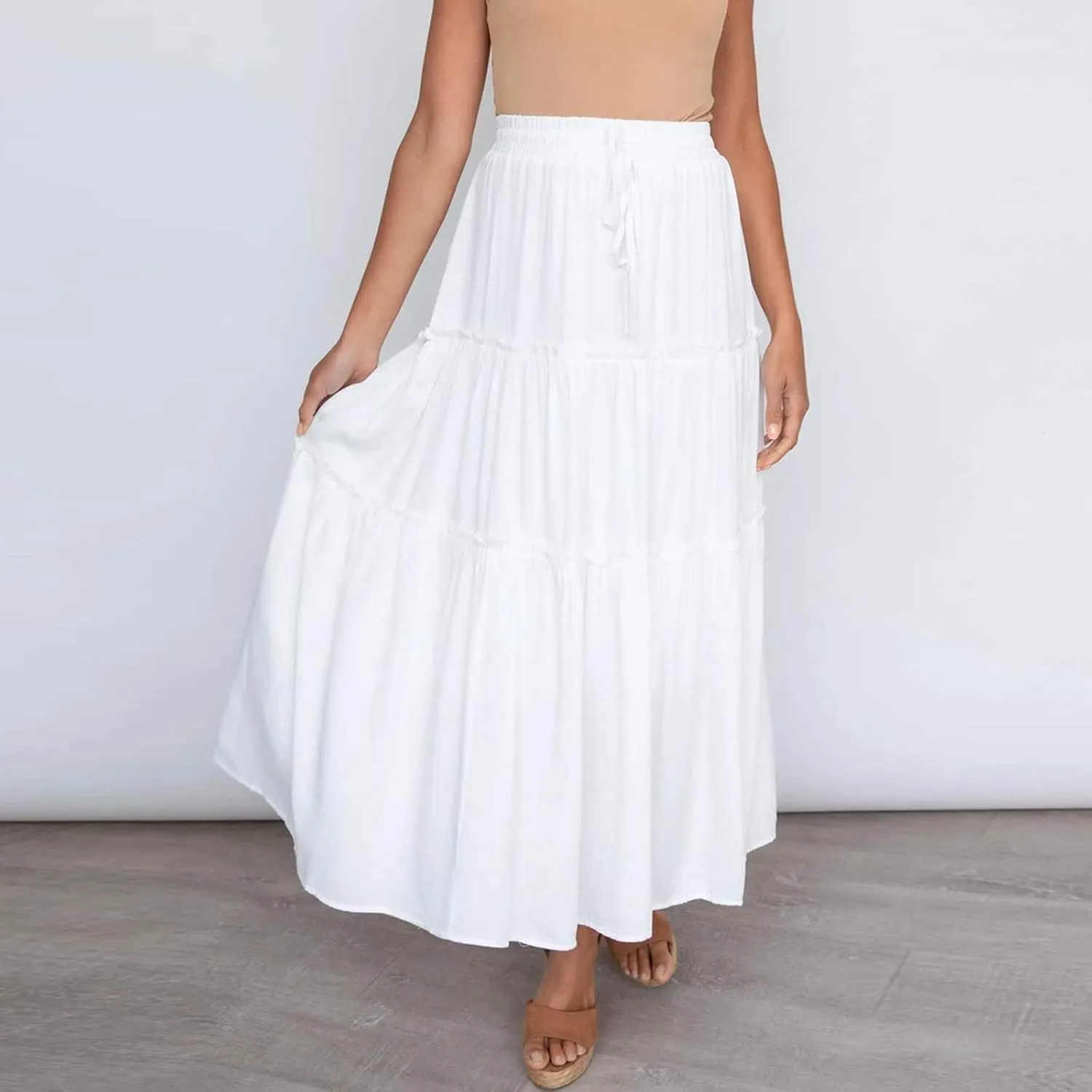 Womens Boho Pleated Ruched Ruffle Drawstring High Rise Maxi Skirt Skirts for Women Trendy High Waist Robe Flowy Dress