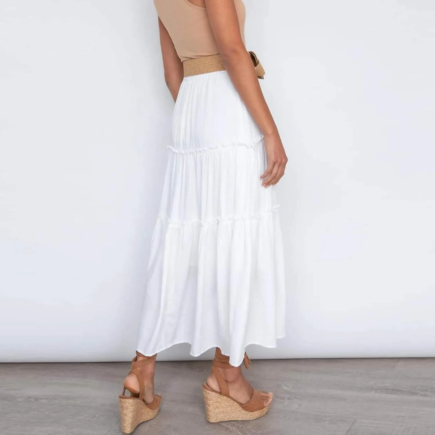 Womens Boho Pleated Ruched Ruffle Drawstring High Rise Maxi Skirt Skirts for Women Trendy High Waist Robe Flowy Dress