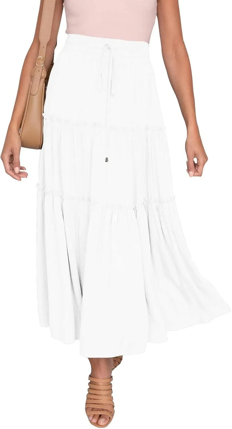 Womens Boho Pleated Ruched Ruffle Drawstring High Rise Maxi Skirt Skirts for Women Trendy High Waist Robe Flowy Dress