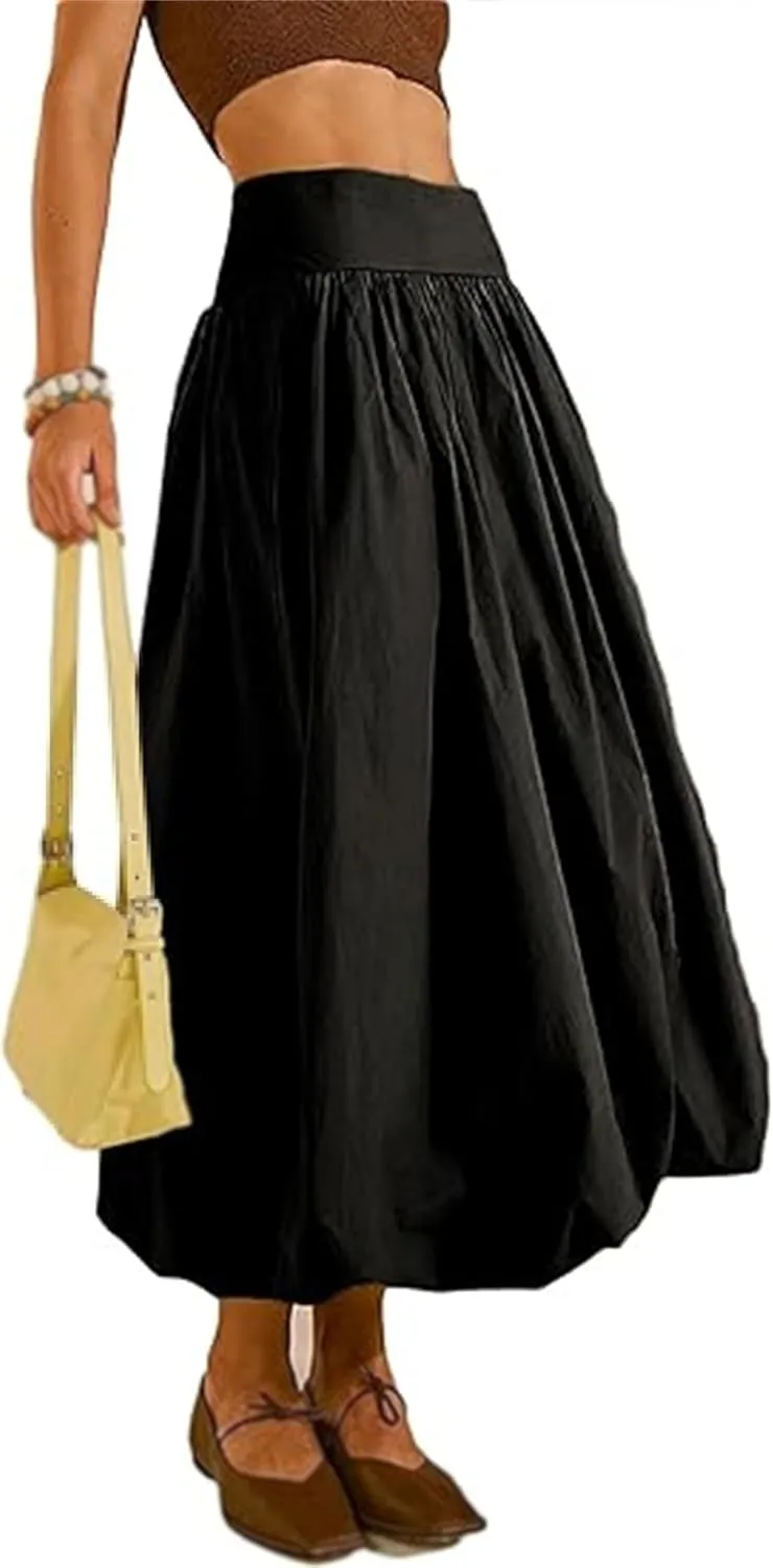 Women's Bubble Maxi Skirts Y2k A Line Long Skirt, Elastic Waist A-Line Casual Ruffle Pleated Midi Dress