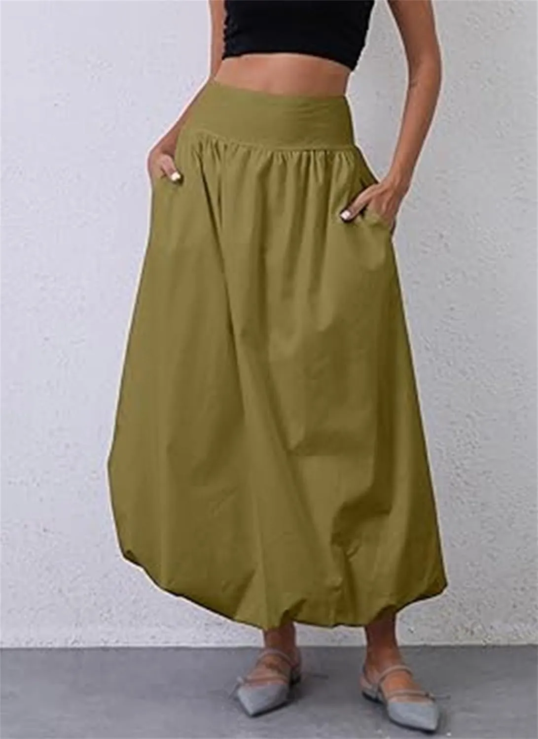 Women's Bubble Maxi Skirts Y2k A Line Long Skirt, Elastic Waist A-Line Casual Ruffle Pleated Midi Dress