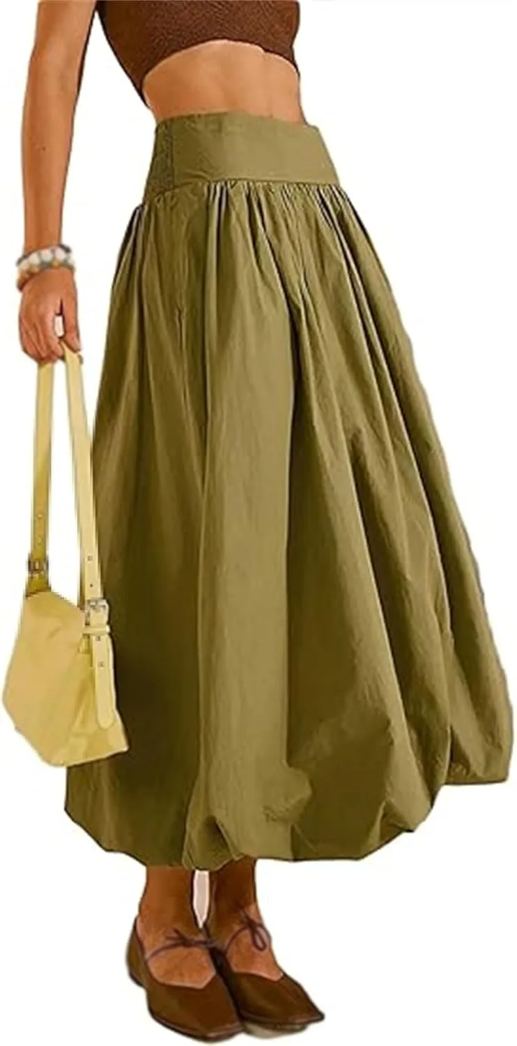 Women's Bubble Maxi Skirts Y2k A Line Long Skirt, Elastic Waist A-Line Casual Ruffle Pleated Midi Dress