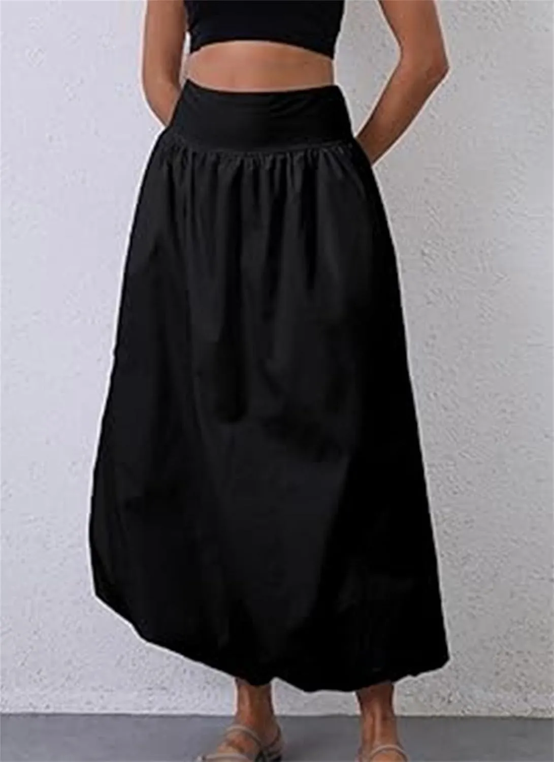 Women's Bubble Maxi Skirts Y2k A Line Long Skirt, Elastic Waist A-Line Casual Ruffle Pleated Midi Dress
