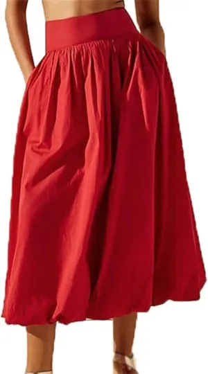 Women's Bubble Maxi Skirts Y2k A Line Long Skirt, Elastic Waist A-Line Casual Ruffle Pleated Midi Dress