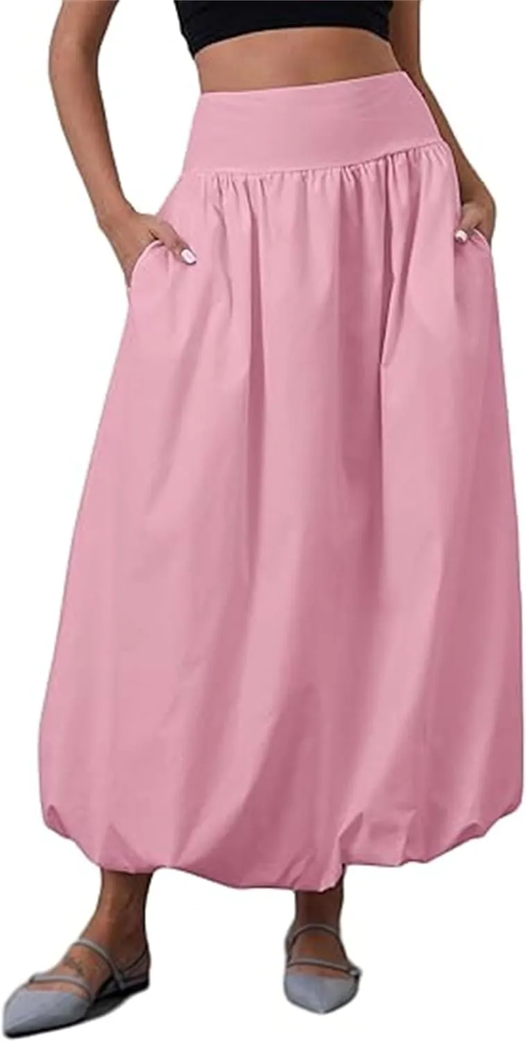Women's Bubble Maxi Skirts Y2k A Line Long Skirt, Elastic Waist A-Line Casual Ruffle Pleated Midi Dress