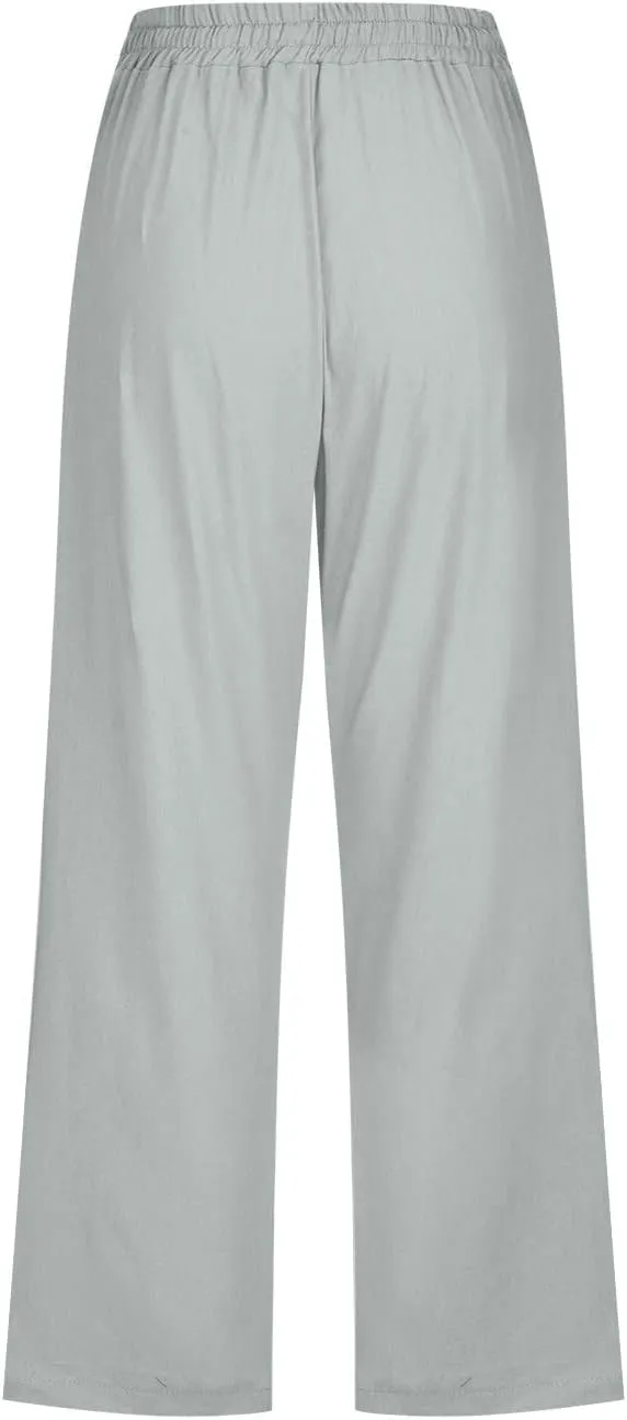 Womens Casual Capri Linen Pants Elastic High Waist Summer Drawstring Pant Straight Wide Leg Cropped Trouser