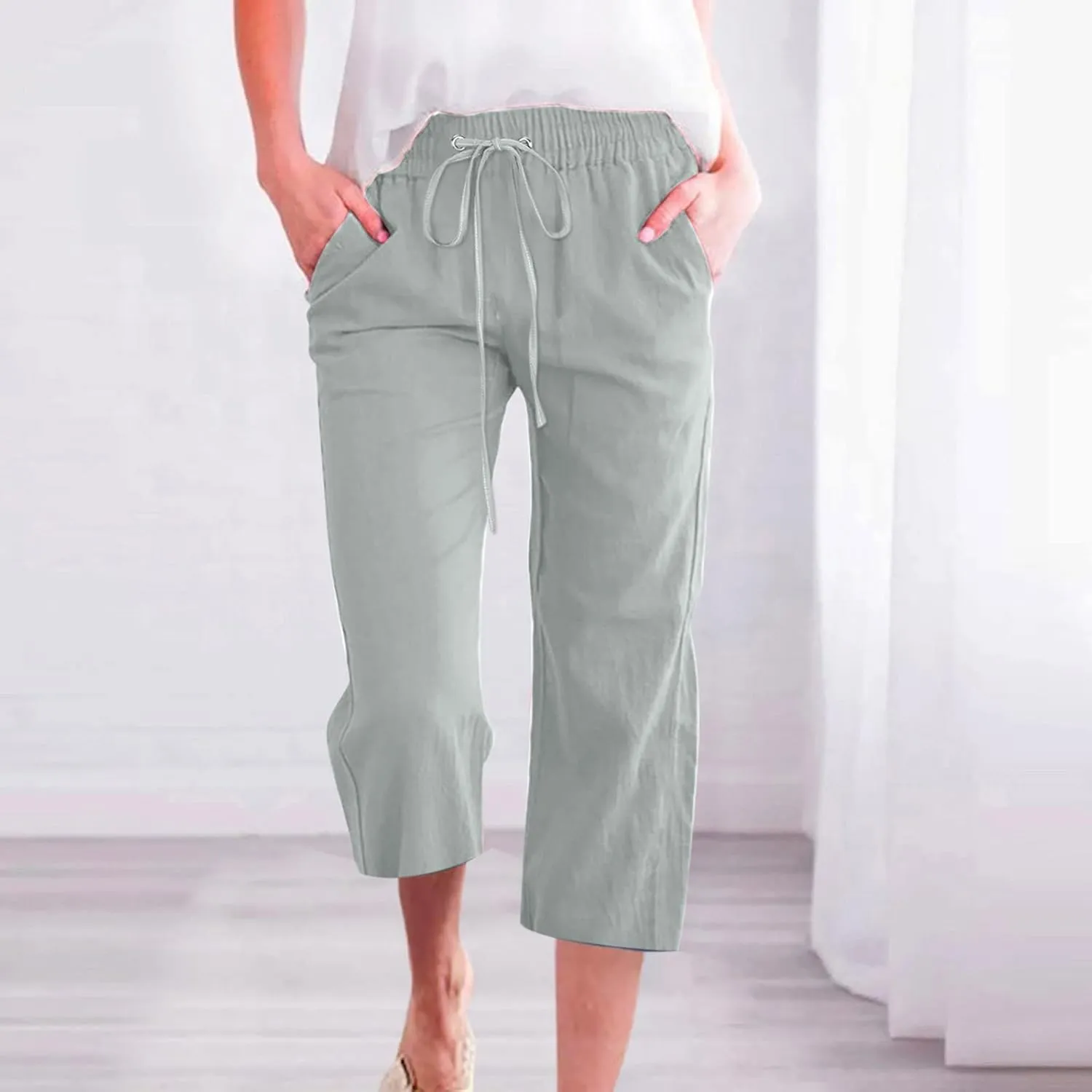 Womens Casual Capri Linen Pants Elastic High Waist Summer Drawstring Pant Straight Wide Leg Cropped Trouser