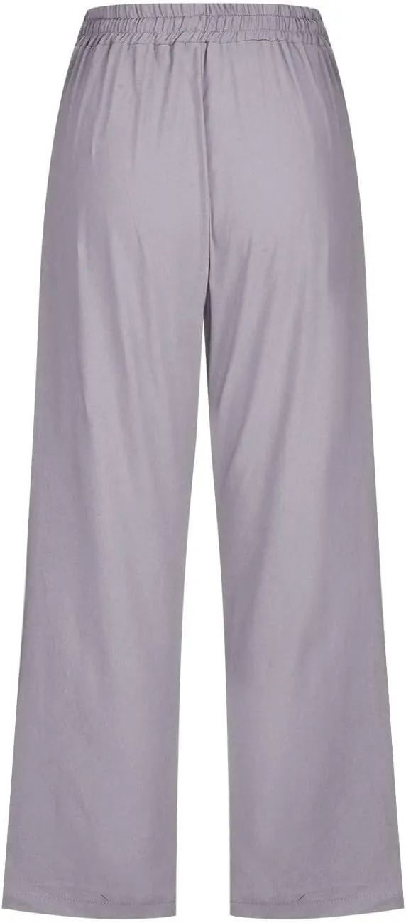 Womens Casual Capri Linen Pants Elastic High Waist Summer Drawstring Pant Straight Wide Leg Cropped Trouser
