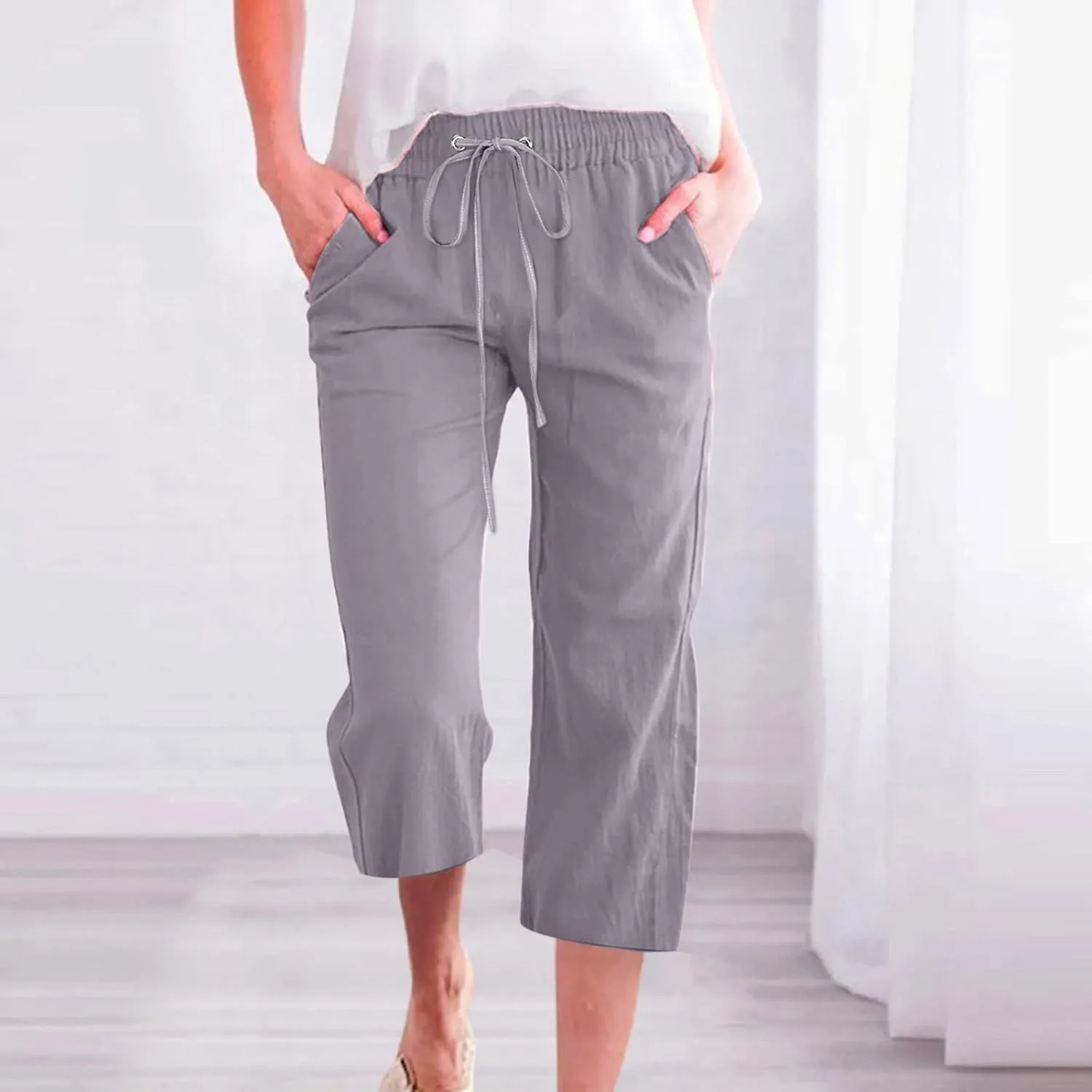 Womens Casual Capri Linen Pants Elastic High Waist Summer Drawstring Pant Straight Wide Leg Cropped Trouser
