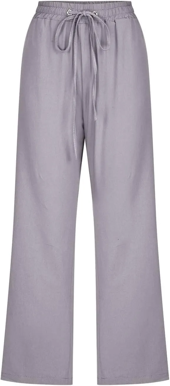 Womens Casual Capri Linen Pants Elastic High Waist Summer Drawstring Pant Straight Wide Leg Cropped Trouser