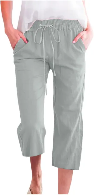 Womens Casual Capri Linen Pants Elastic High Waist Summer Drawstring Pant Straight Wide Leg Cropped Trouser