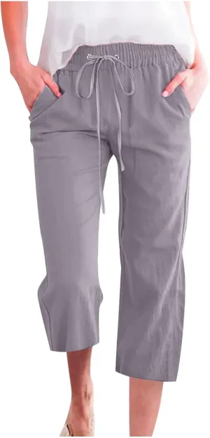 Womens Casual Capri Linen Pants Elastic High Waist Summer Drawstring Pant Straight Wide Leg Cropped Trouser
