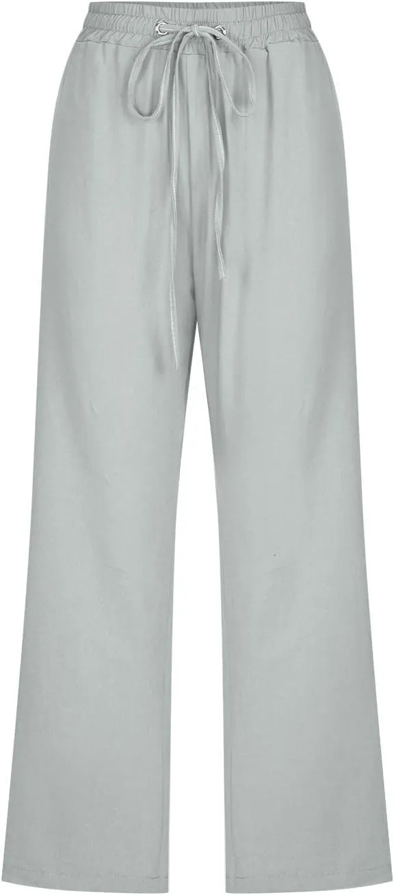 Womens Casual Capri Linen Pants Elastic High Waist Summer Drawstring Pant Straight Wide Leg Cropped Trouser