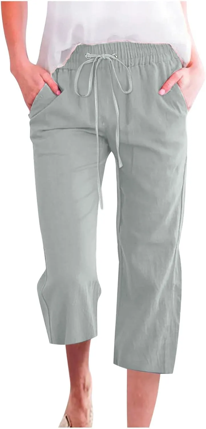 Womens Casual Capri Linen Pants Elastic High Waist Summer Drawstring Pant Straight Wide Leg Cropped Trouser