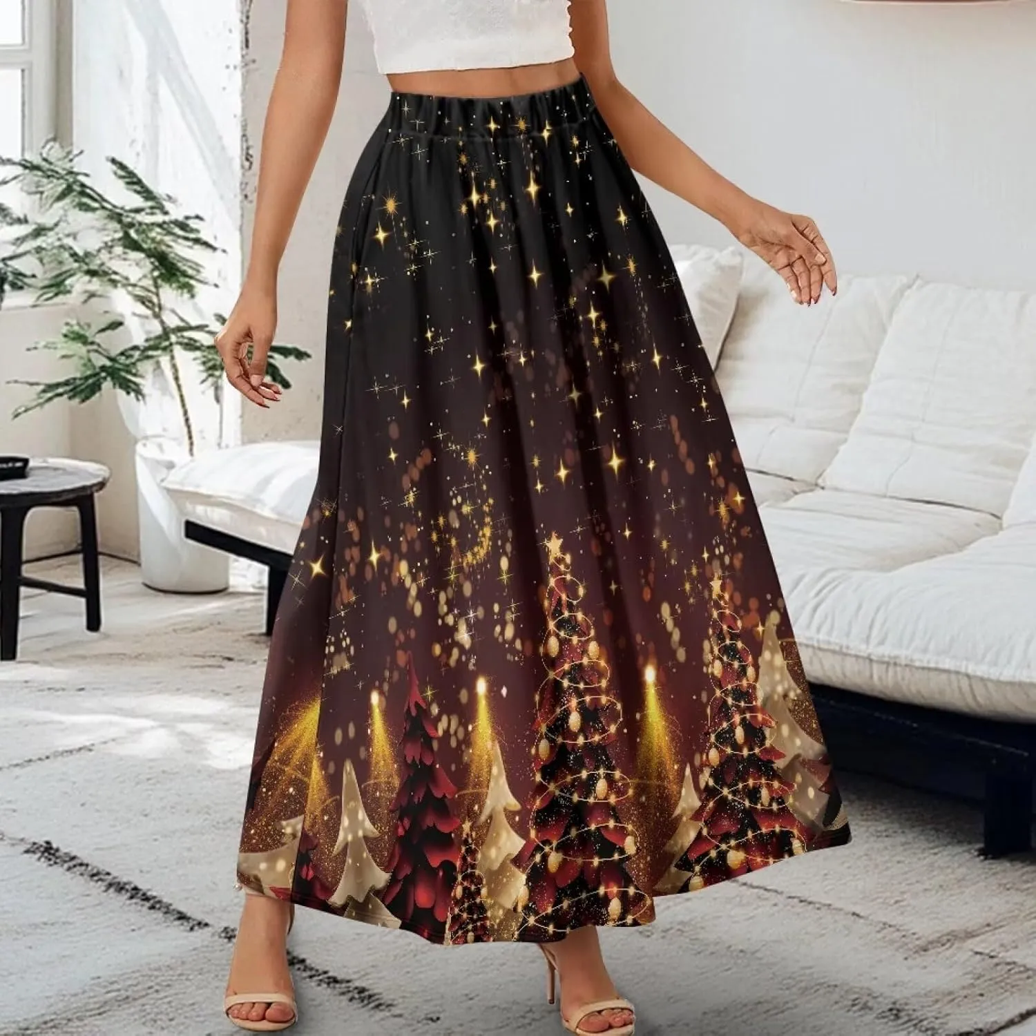 Women's Casual Flowy Maxi Skirt Long Skirts with Pockets Fashion Loose Flowy Swing Pleated Ankle Length Skirt
