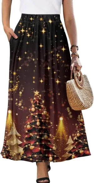 Women's Casual Flowy Maxi Skirt Long Skirts with Pockets Fashion Loose Flowy Swing Pleated Ankle Length Skirt