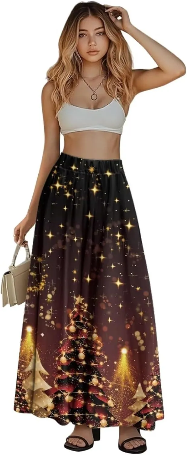Women's Casual Flowy Maxi Skirt Long Skirts with Pockets Fashion Loose Flowy Swing Pleated Ankle Length Skirt