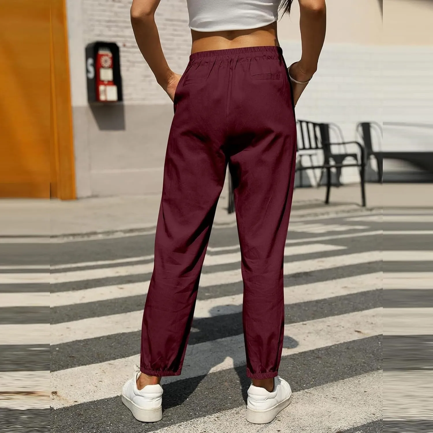 Womens Casual Linen Pants Loose Fit Elastic Waist Drawstring Cotton Trouser Cropped Wide Leg Pants Summer Yoga Pant