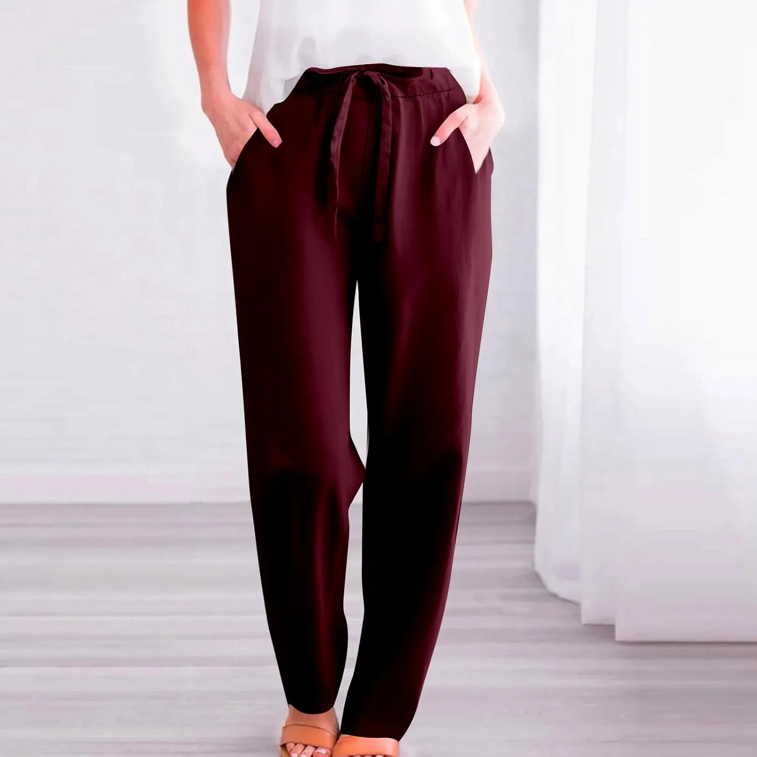 Womens Casual Linen Pants Loose Fit Elastic Waist Drawstring Cotton Trouser Cropped Wide Leg Pants Summer Yoga Pant