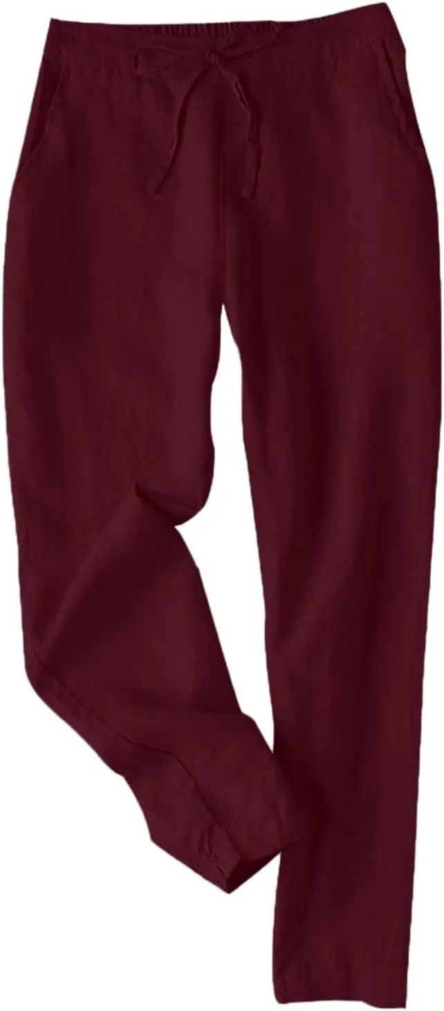 Womens Casual Linen Pants Loose Fit Elastic Waist Drawstring Cotton Trouser Cropped Wide Leg Pants Summer Yoga Pant