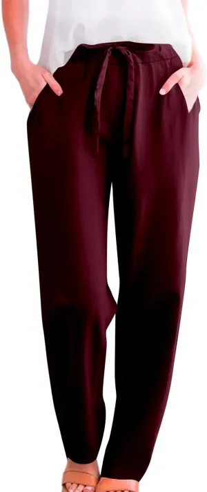 Womens Casual Linen Pants Loose Fit Elastic Waist Drawstring Cotton Trouser Cropped Wide Leg Pants Summer Yoga Pant