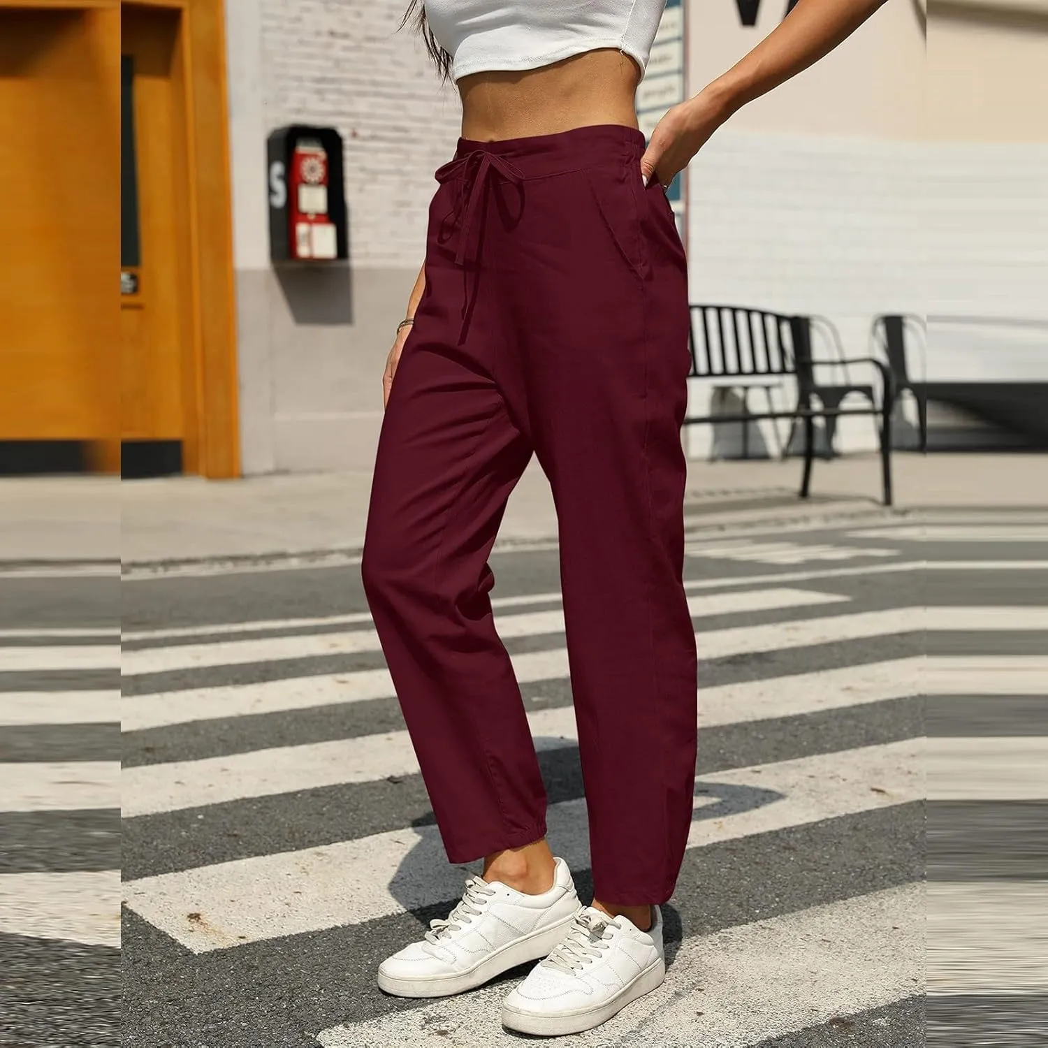 Womens Casual Linen Pants Loose Fit Elastic Waist Drawstring Cotton Trouser Cropped Wide Leg Pants Summer Yoga Pant