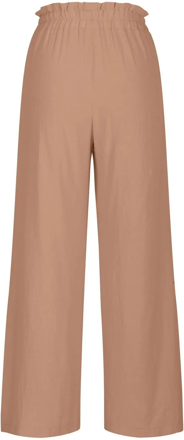 Women's Casual Pants High Waist Lace Up Straight Leg Long Pant Summer Trendy Solid Baggy Palazzo Trouser with Pockets