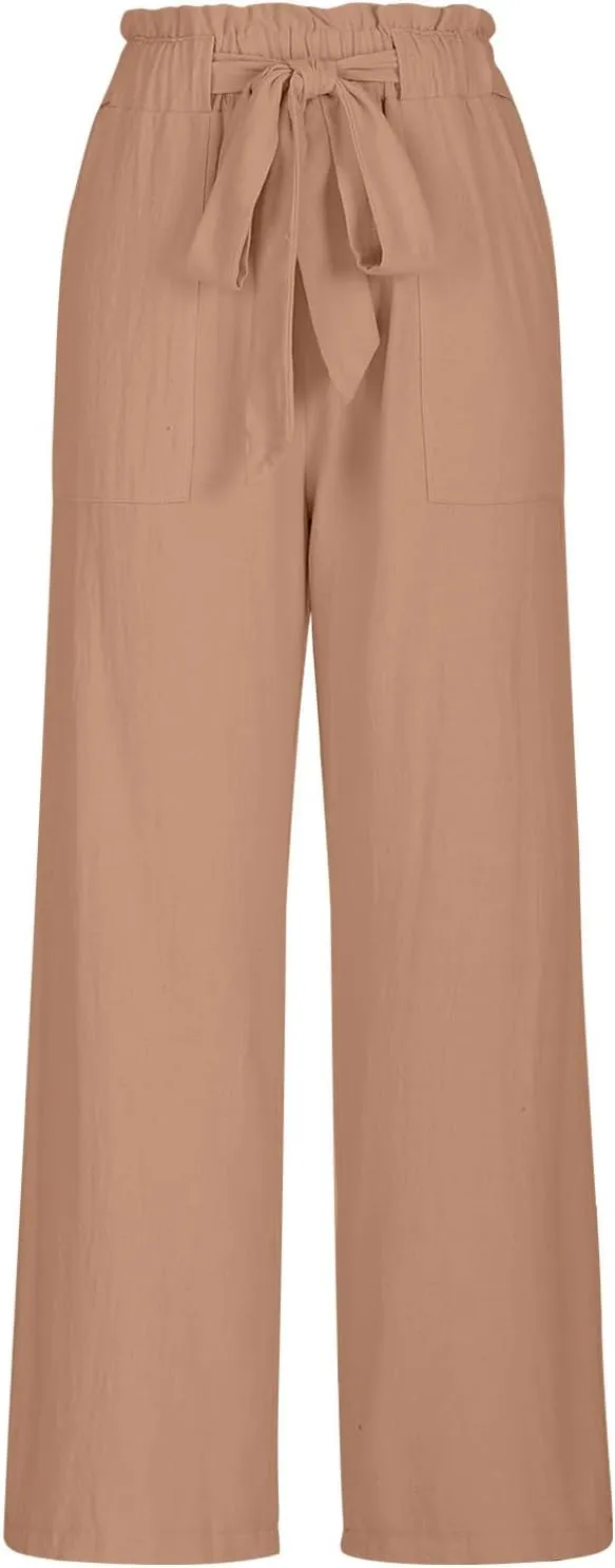 Women's Casual Pants High Waist Lace Up Straight Leg Long Pant Summer Trendy Solid Baggy Palazzo Trouser with Pockets