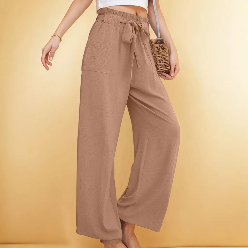 Women's Casual Pants High Waist Lace Up Straight Leg Long Pant Summer Trendy Solid Baggy Palazzo Trouser with Pockets
