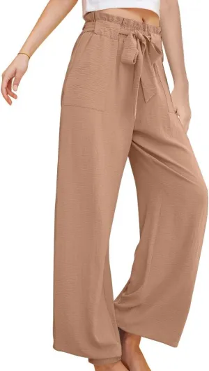 Women's Casual Pants High Waist Lace Up Straight Leg Long Pant Summer Trendy Solid Baggy Palazzo Trouser with Pockets