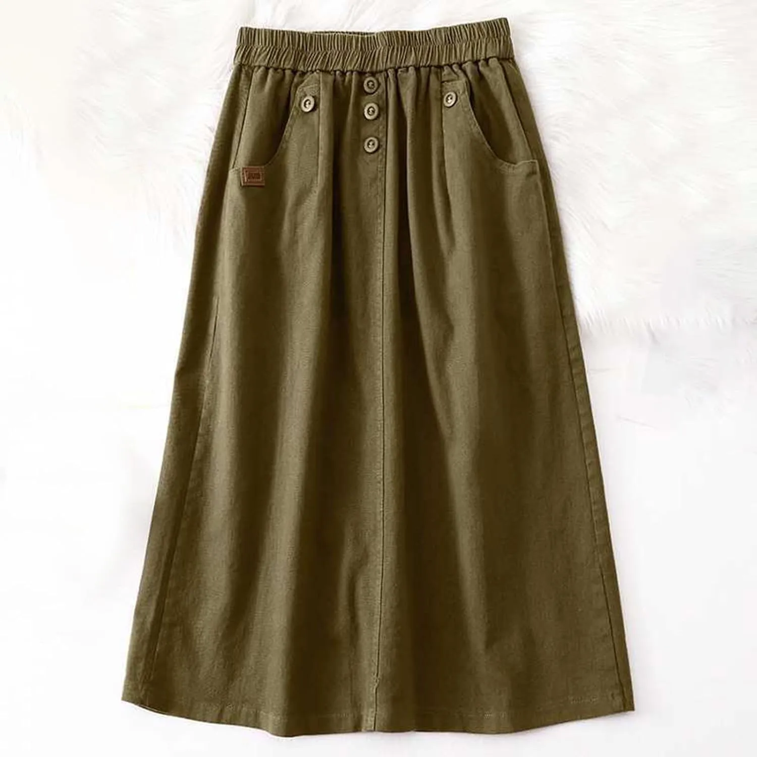 Women's Casual Skirts Elastic Waist Front Button Back Slit A-Line Midi Long Swing Skirt with Pockets Womens Skirts