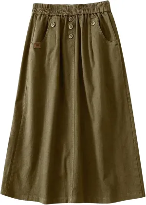 Women's Casual Skirts Elastic Waist Front Button Back Slit A-Line Midi Long Swing Skirt with Pockets Womens Skirts