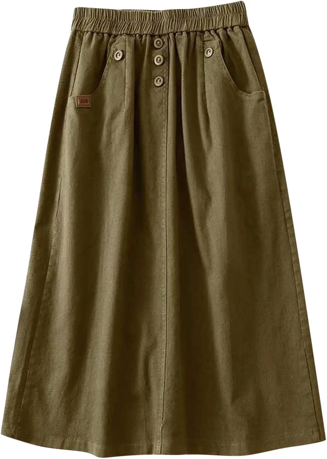 Women's Casual Skirts Elastic Waist Front Button Back Slit A-Line Midi Long Swing Skirt with Pockets Womens Skirts