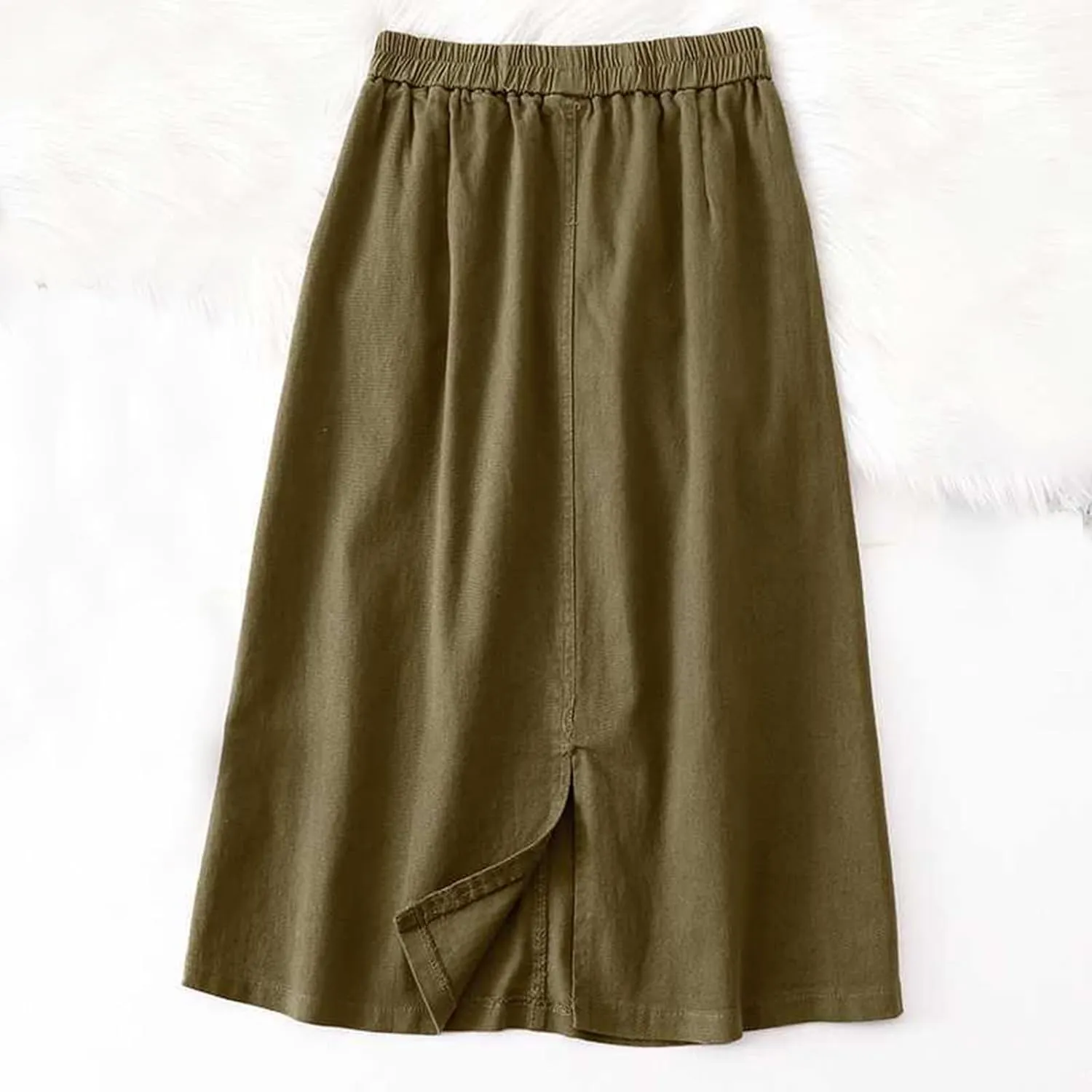 Women's Casual Skirts Elastic Waist Front Button Back Slit A-Line Midi Long Swing Skirt with Pockets Womens Skirts