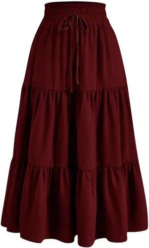 Women's Casual Skirts Summer Boho Flowy Midi Skirt A Line Pleated Long Skirts Tiered Elastic High Waisted Skirt