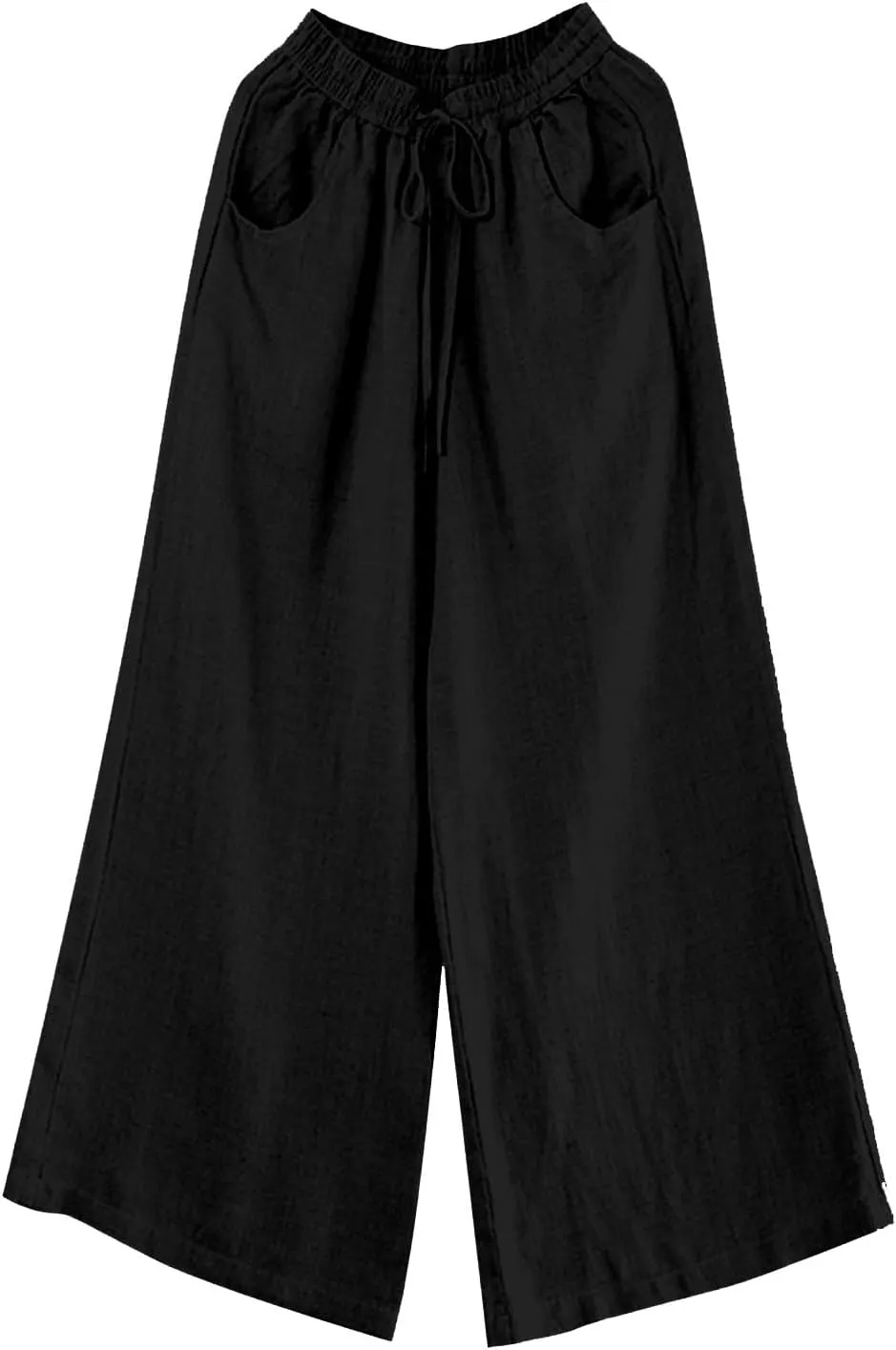 Women's Casual Solid Color Cotton Linen Pants Drawstring High Waisted Wide Leg Loose Fit Pocket Lounge Palazzo Trousers