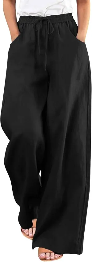 Women's Casual Solid Color Cotton Linen Pants Drawstring High Waisted Wide Leg Loose Fit Pocket Lounge Palazzo Trousers
