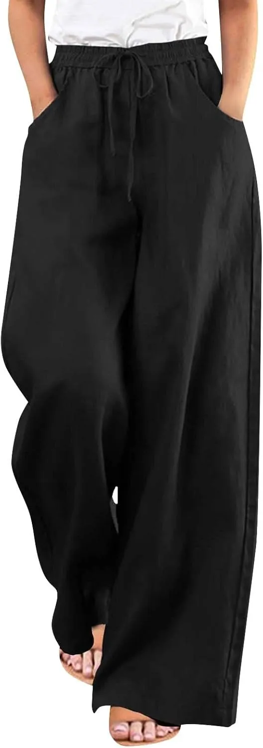 Women's Casual Solid Color Cotton Linen Pants Drawstring High Waisted Wide Leg Loose Fit Pocket Lounge Palazzo Trousers
