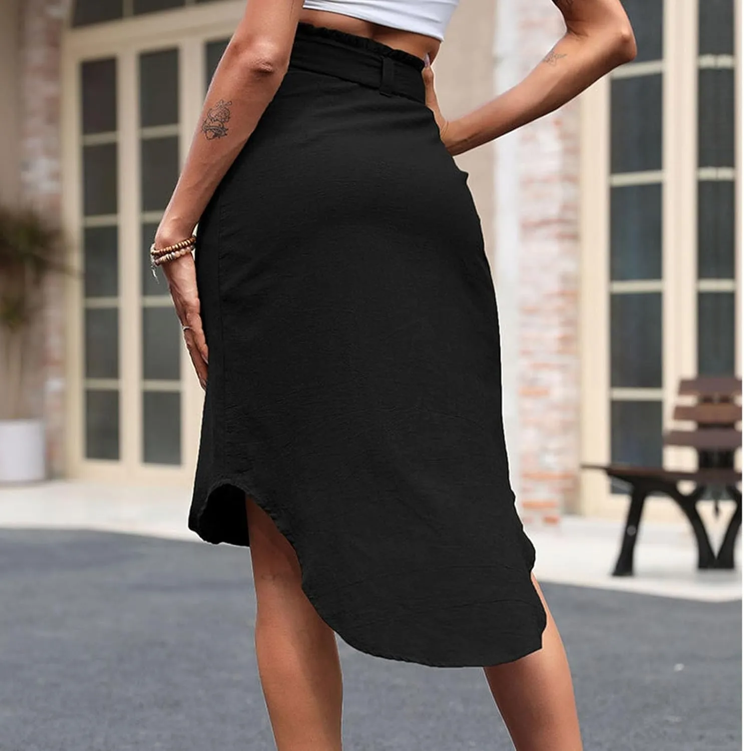Women's Casual Trendy Solid Color Buttons Down Midi Skirt Asymmetrical Hem Lace Up Stretch High Waisted Skirts