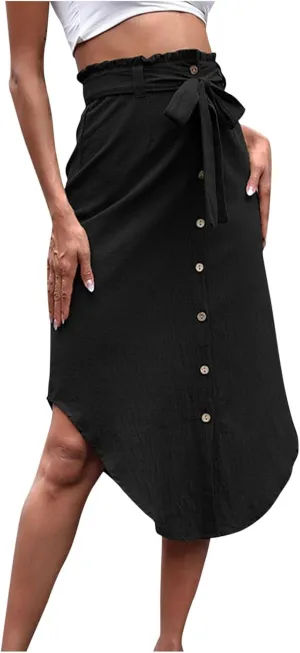 Women's Casual Trendy Solid Color Buttons Down Midi Skirt Asymmetrical Hem Lace Up Stretch High Waisted Skirts