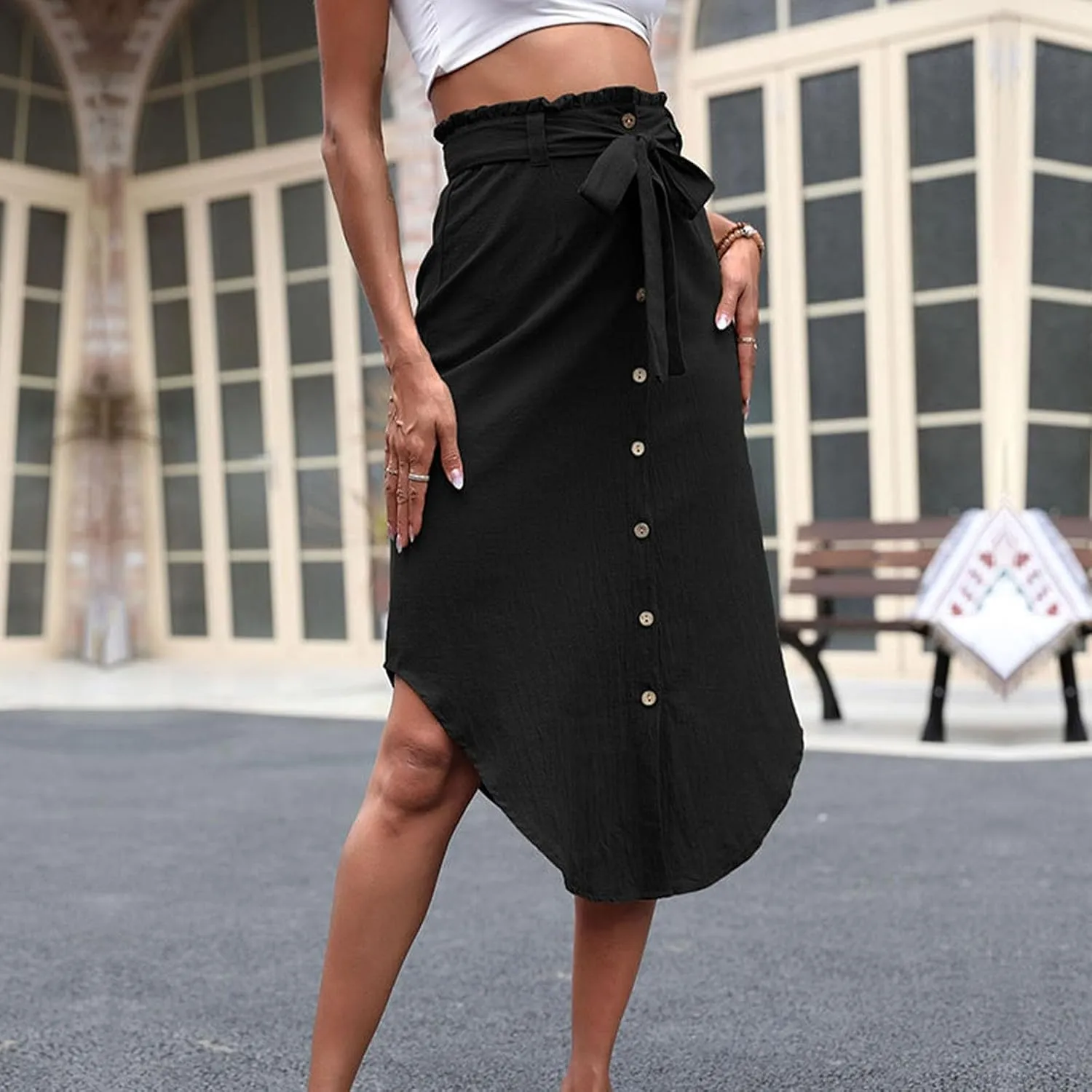 Women's Casual Trendy Solid Color Buttons Down Midi Skirt Asymmetrical Hem Lace Up Stretch High Waisted Skirts
