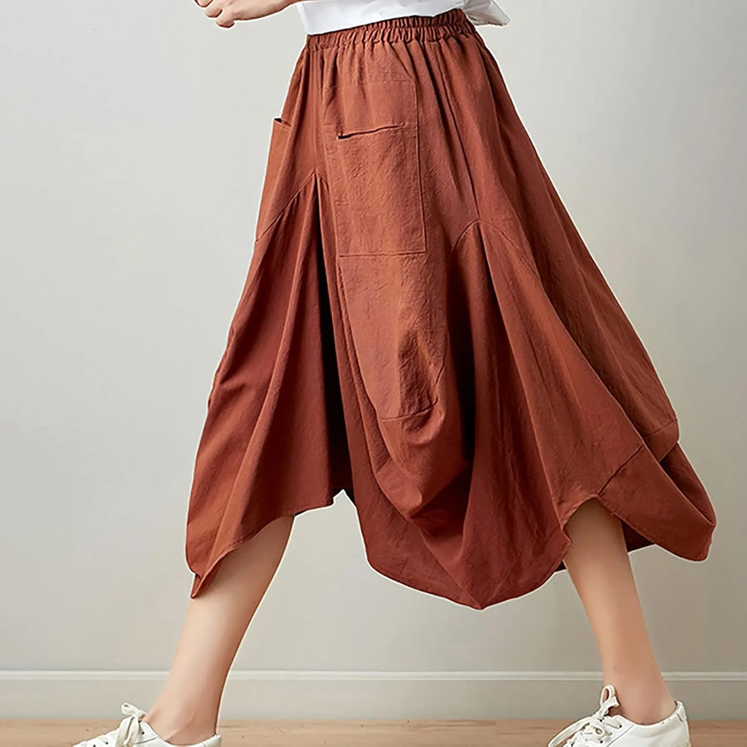 Women's Cotton Linen Harem Skirt Loose Fit Baggy Midi Skirts with Pockets Casual Boho Beach Dress Streetwear