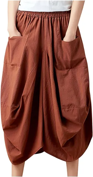 Women's Cotton Linen Harem Skirt Loose Fit Baggy Midi Skirts with Pockets Casual Boho Beach Dress Streetwear