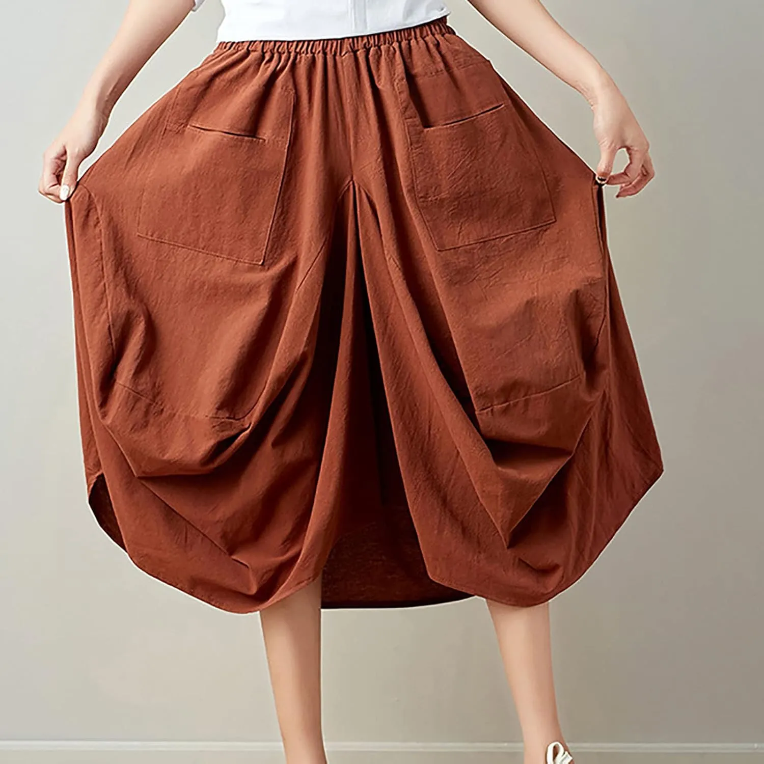 Women's Cotton Linen Harem Skirt Loose Fit Baggy Midi Skirts with Pockets Casual Boho Beach Dress Streetwear