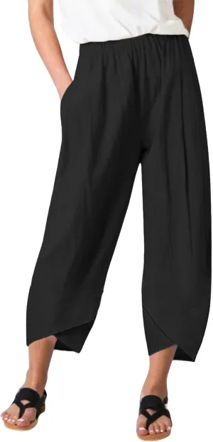 Womens Cotton Linen Summer Baggy Palazzo Pants Elastic Waist Ankle Length Slim-Fit Trousers Beach