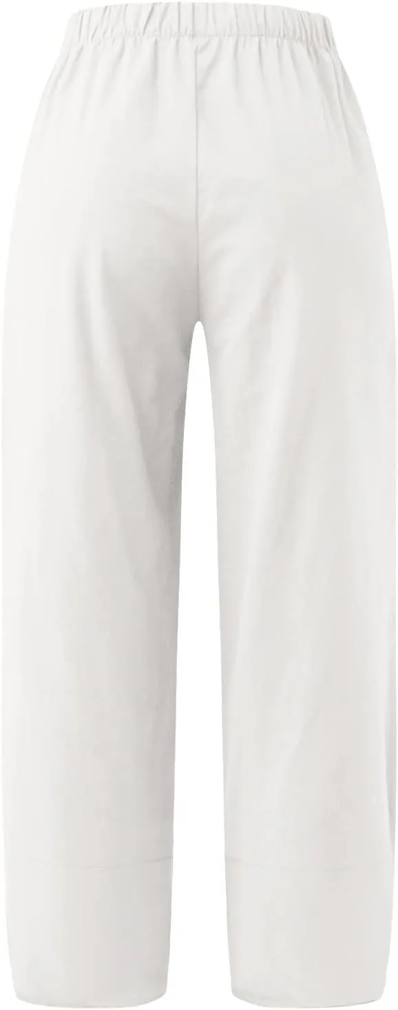 Women's Cotton Linen Summer Cropped Palazzo Pants Elastic Waisted Straight Plus Size Trouser Work Business