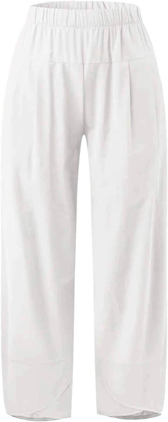 Women's Cotton Linen Summer Cropped Palazzo Pants Elastic Waisted Straight Plus Size Trouser Work Business