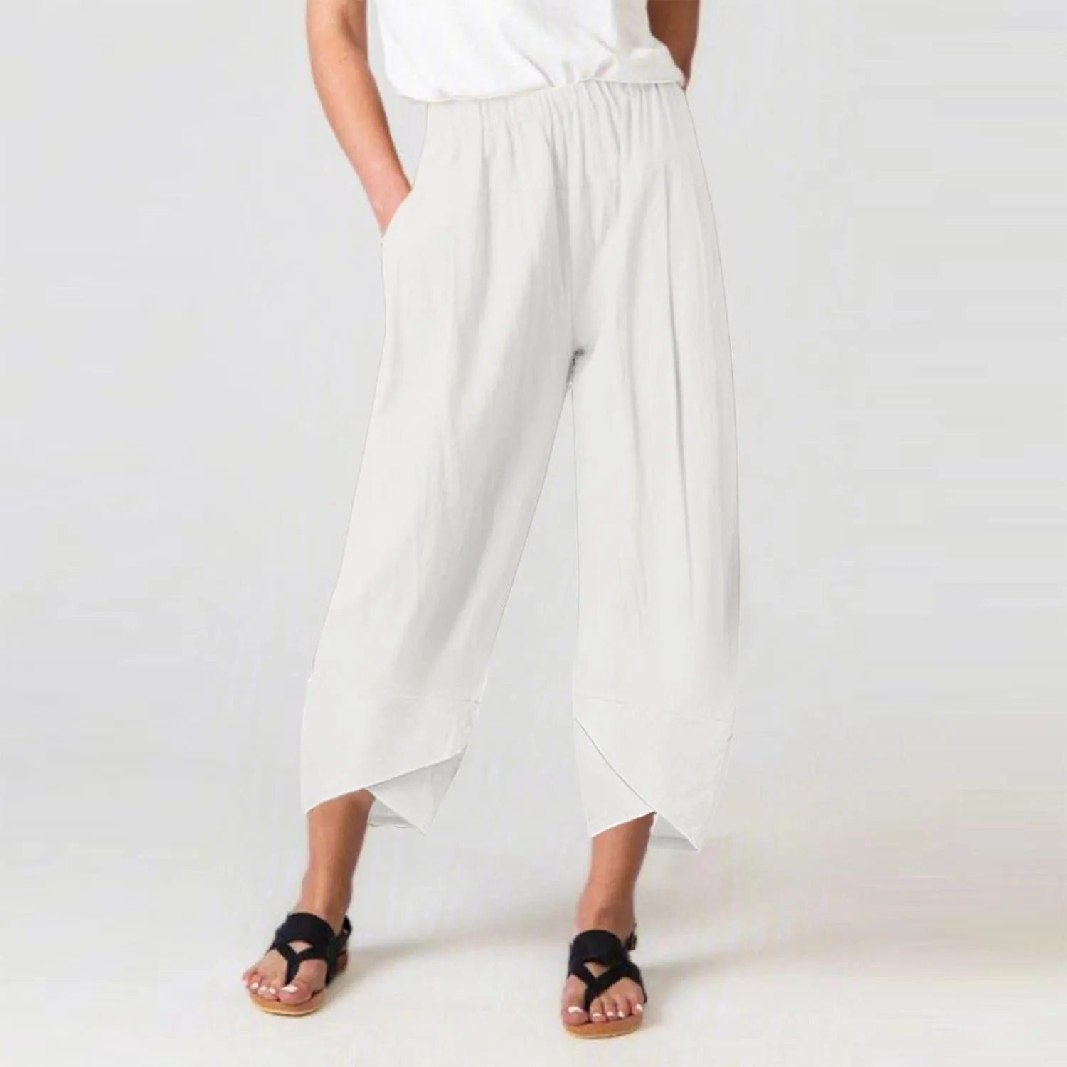 Women's Cotton Linen Summer Cropped Palazzo Pants Elastic Waisted Straight Plus Size Trouser Work Business